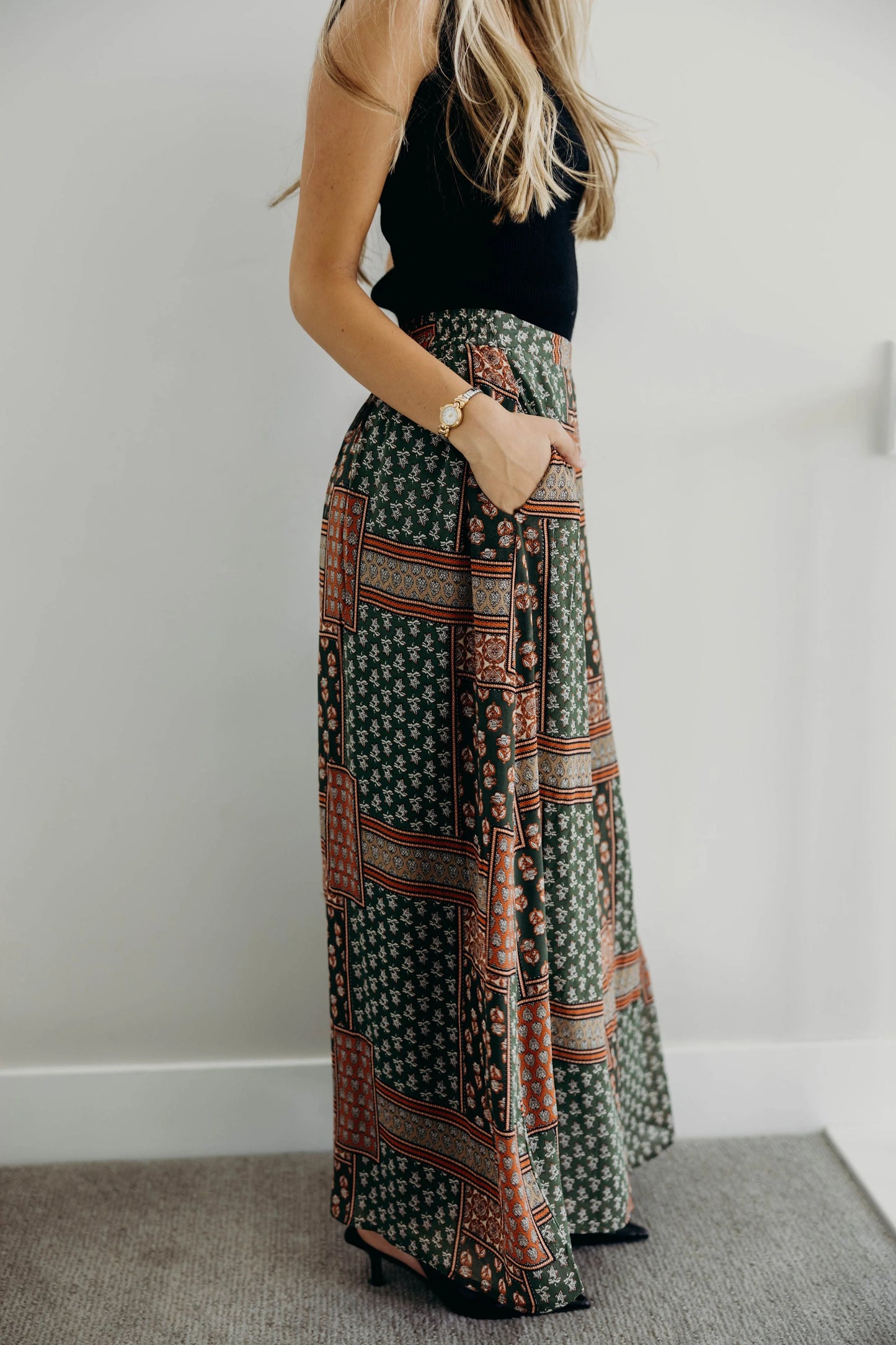 Maxi Slip Skirt in Olive Tapestry- Misses and Plus (XS-4X)