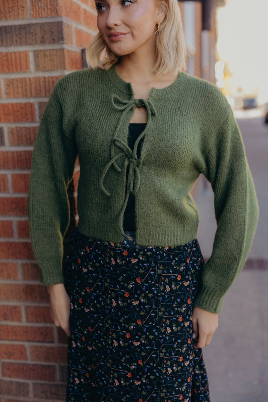 Bow Front Crop Sweater in Cactus- Misses and Plus (XS-4X)