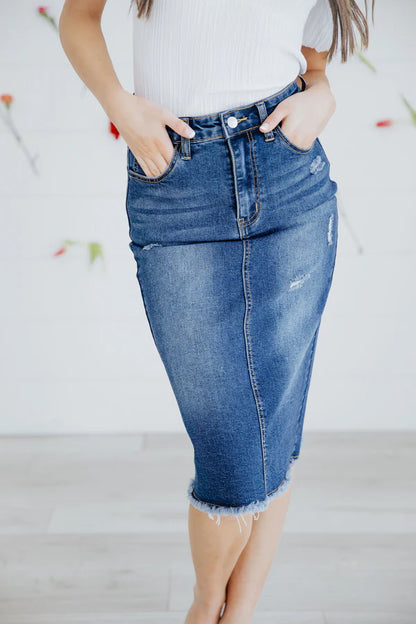 Distressed Denim skirt in Denim Blue- Misses, Plus & Extended Plus (XS-4X)