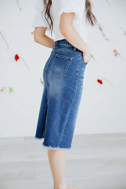 Distressed Denim skirt in Denim Blue- Misses, Plus & Extended Plus (XS-4X)