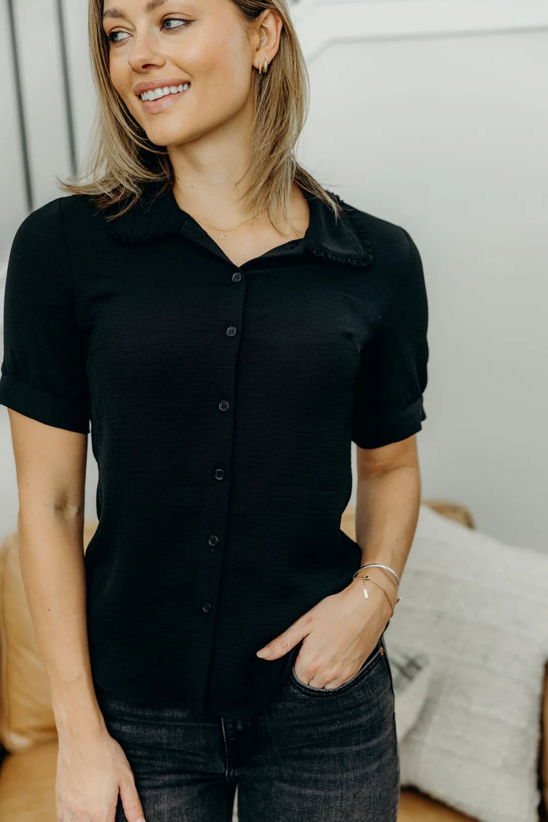 Ruffled Collared Blouse in Black- Misses (XS-XL)