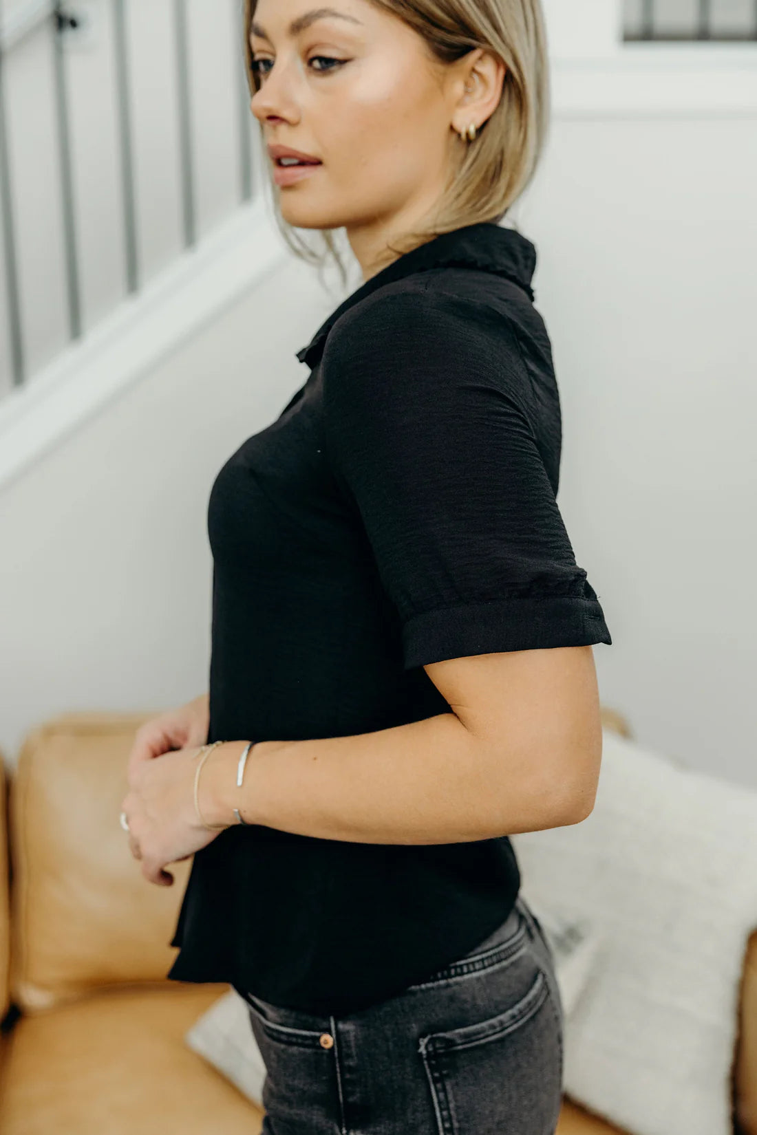 Ruffled Collared Blouse in Black- Misses (XS-XL)