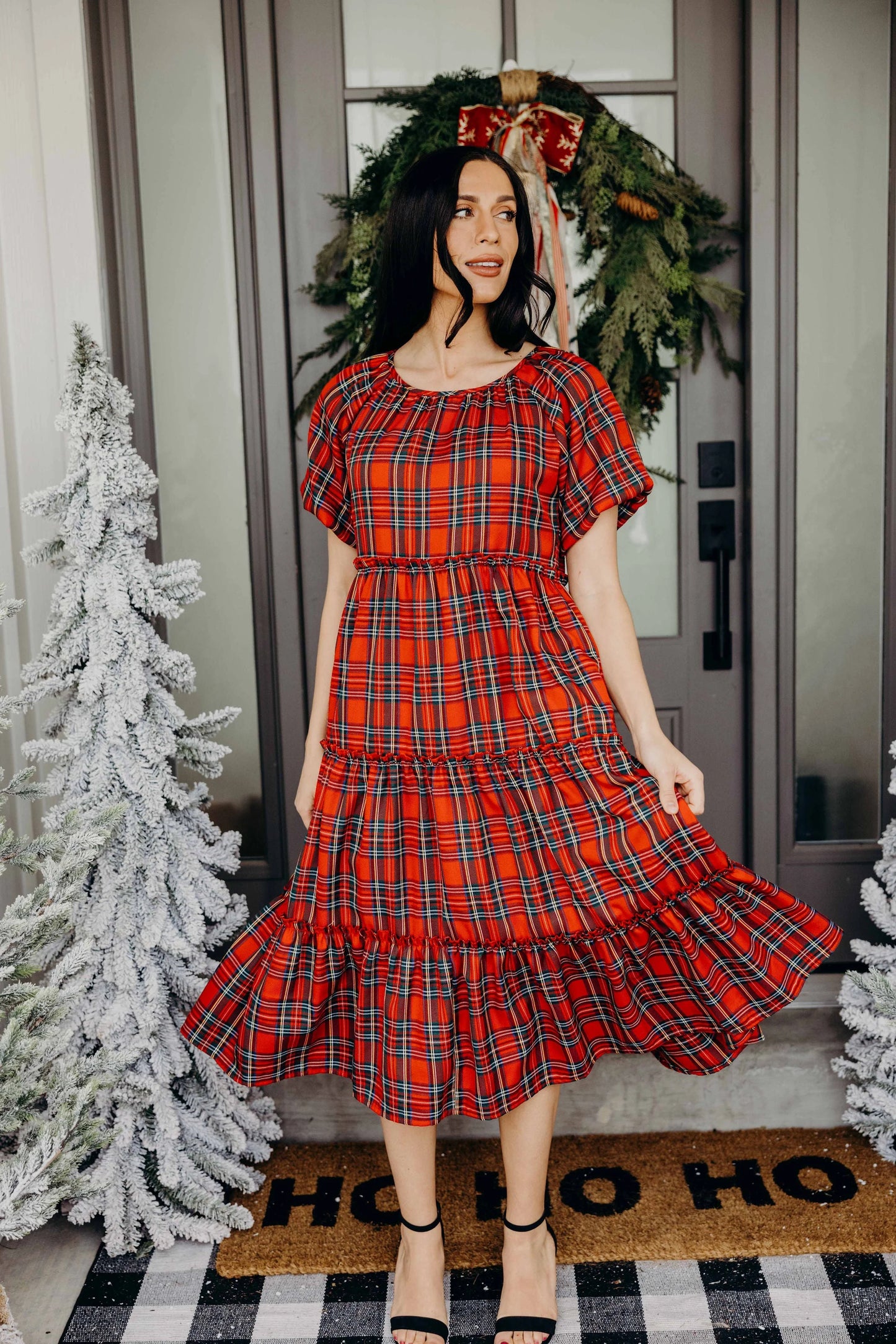 Serena Dress in Cranberry Plaid- Misses and Plus (XS-3X)