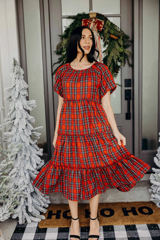 Serena Dress in Cranberry Plaid- Misses and Plus (XS-3X)