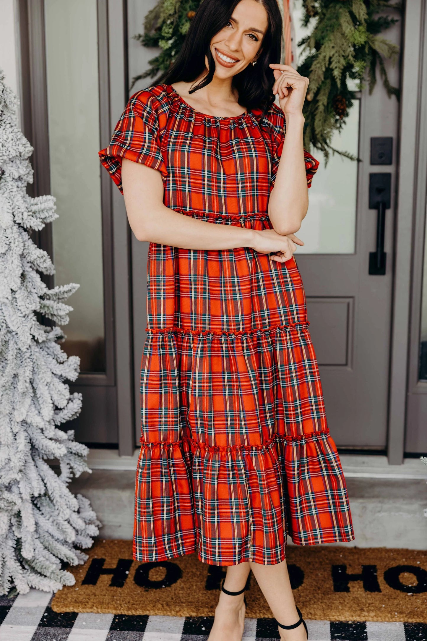 Serena Dress in Cranberry Plaid- Misses and Plus (XS-3X)