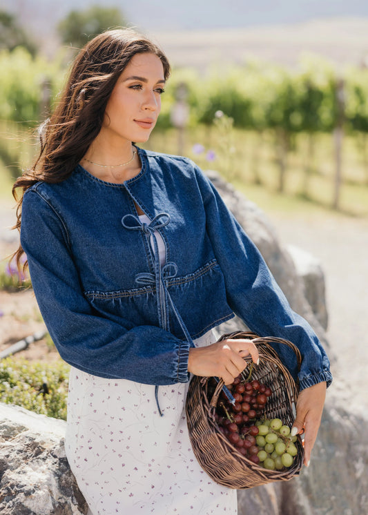 Bow Cropped Jacket in Blue Denim- Misses and Plus (XS-4X)