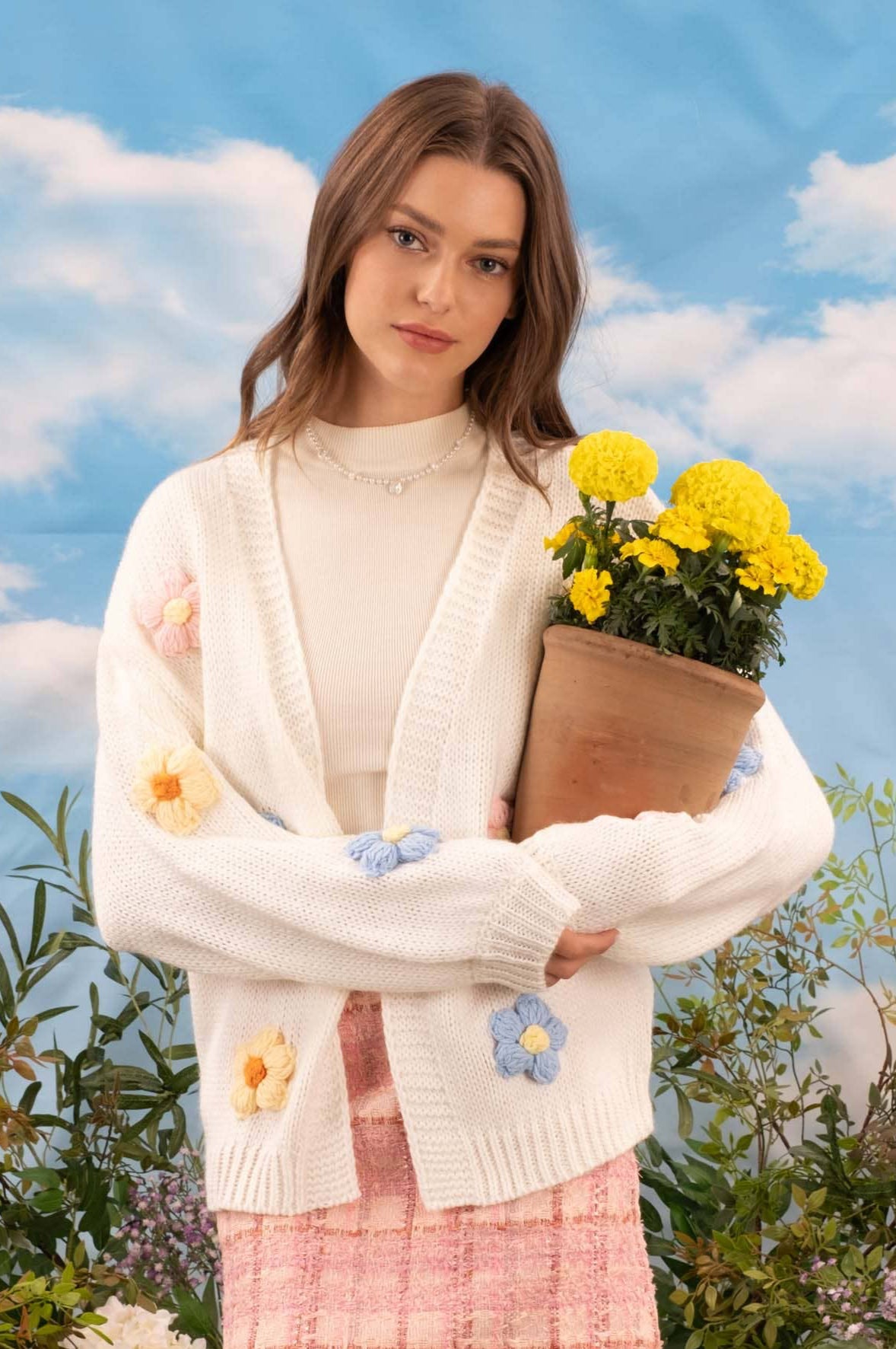 Crochet Flower Cardigan in Ivory- Misses (S-L)