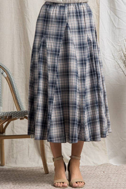 Plaid Godet Maxi Skirt in Navy- Misses (S-L)