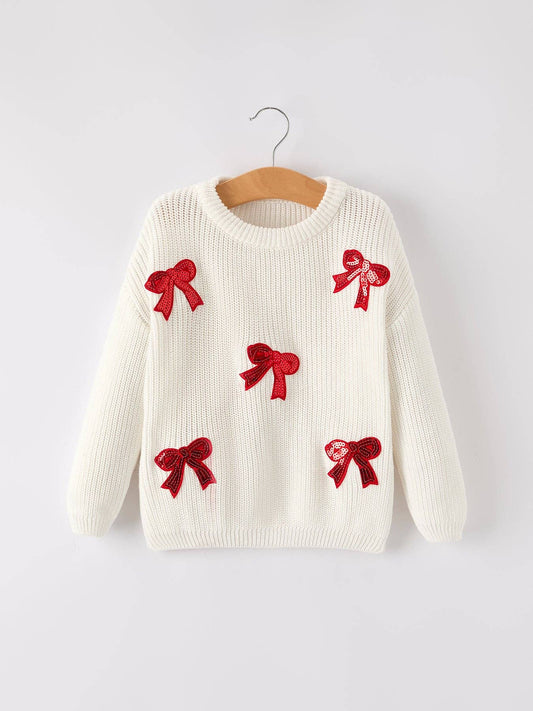 Bow Sequins Sweater in Ivory- Girls (2-8/9)