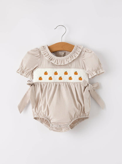 Pumpkin Patch Smocked Romper in Tan- Infant Girls (3M-18M)