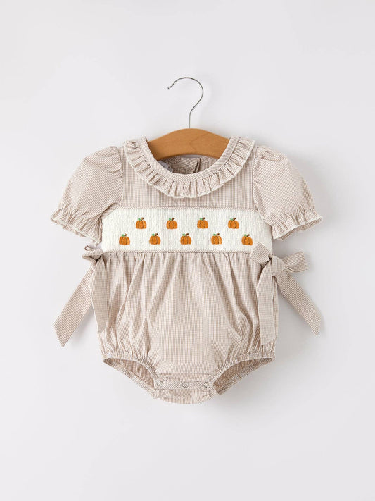 Pumpkin Patch Smocked Romper in Tan- Infant Girls (3M-18M)