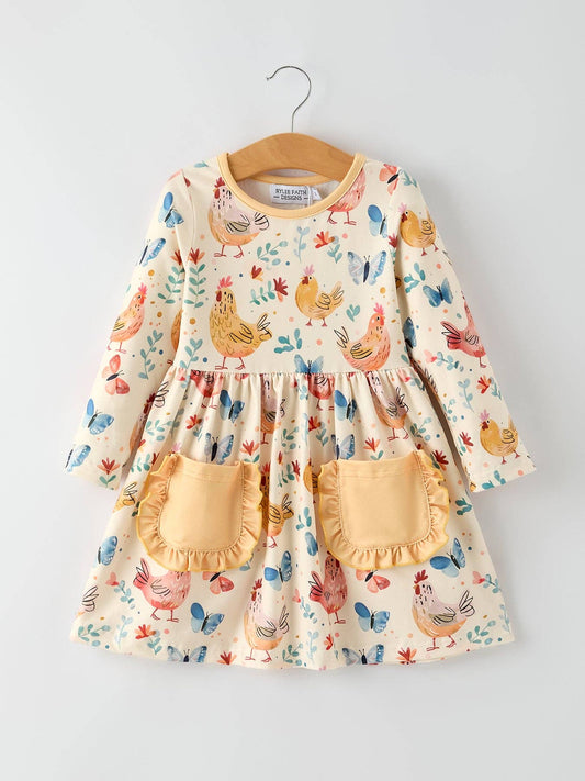 Charming Chicken Dress in Multi- Girls (2-7)