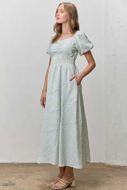 Seabreeze Stripe Dress in Cream/Lt Blue- Misses & Plus (M,L,1X-3X)