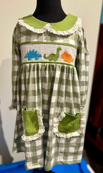 Dinosaur Smocked in Green- Girls (5 & 6)