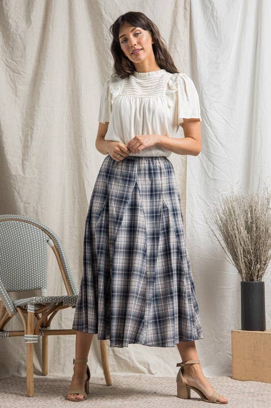 Plaid Godet Maxi Skirt in Navy- Misses (S-L)