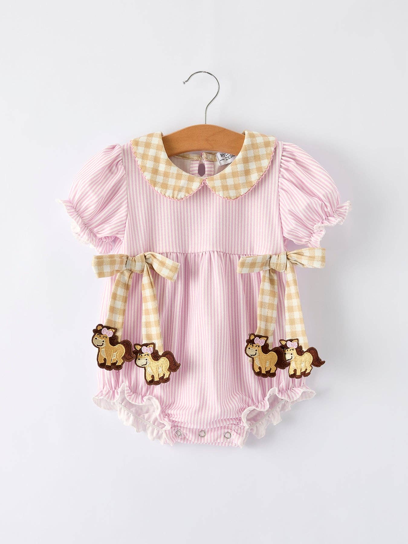 Farm Horse Bow Romper in Pink Stripes- Infant Girls (3M-18M)