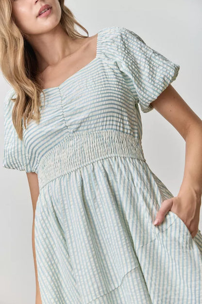 Seabreeze Stripe Dress in Cream/Lt Blue- Misses & Plus (M,L,1X-3X)