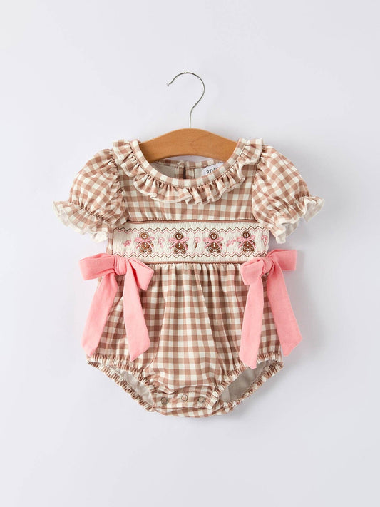 Gingerbread and Bows Romper in Brown- Infant Girls (3M-18M)