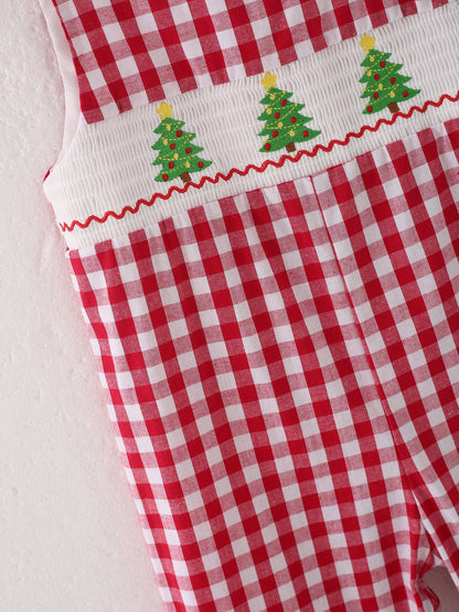 Christmas Tree Smocking Boys Romper in Red- Infant Boys (3M-18M)
