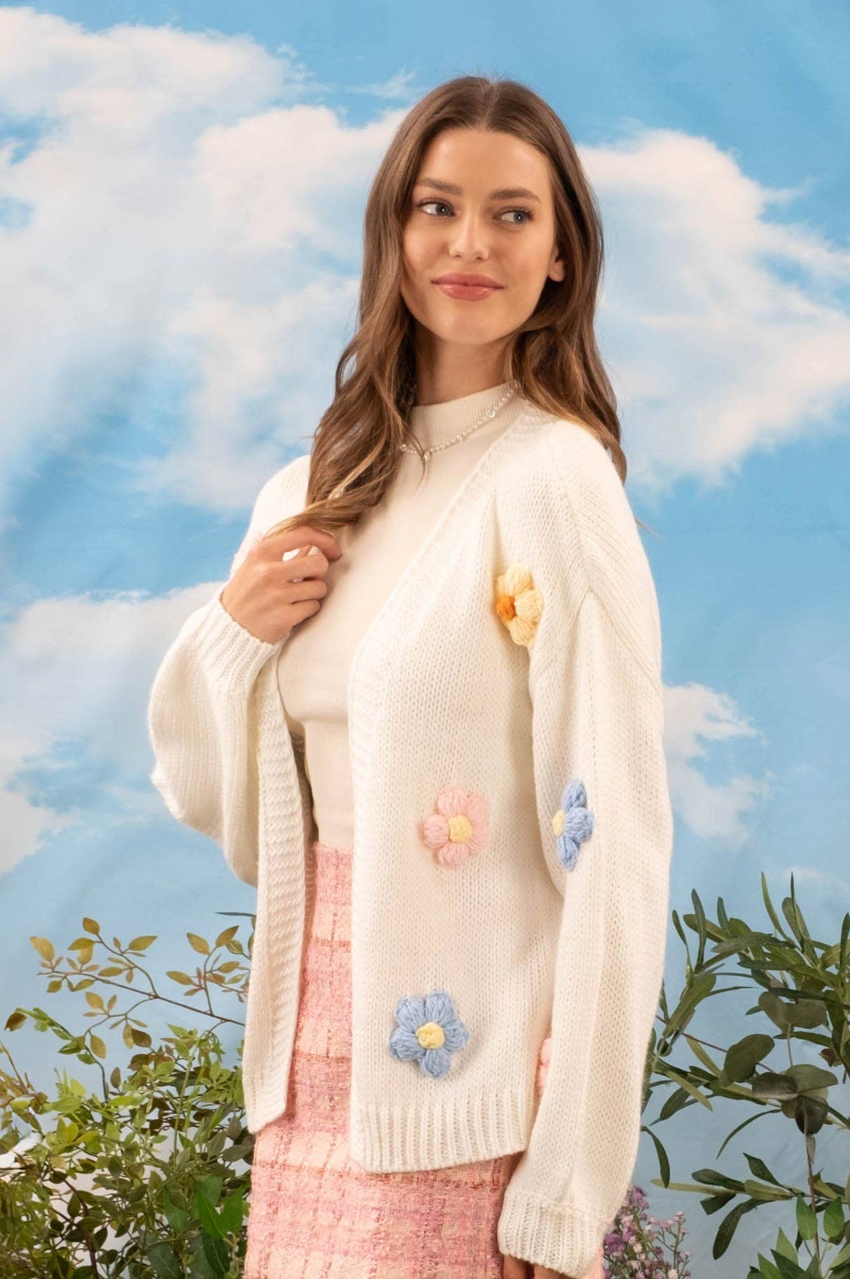 Crochet Flower Cardigan in Ivory- Misses (S-L)