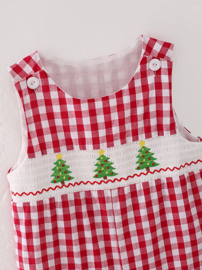 Christmas Tree Smocking Boys Romper in Red- Infant Boys (3M-18M)