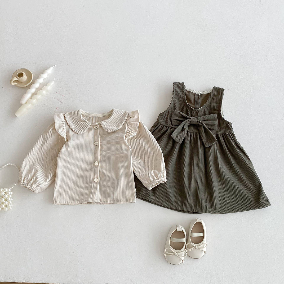 Olive Mae Dress in Cream/Olive- Infant/Girls (18M-6)