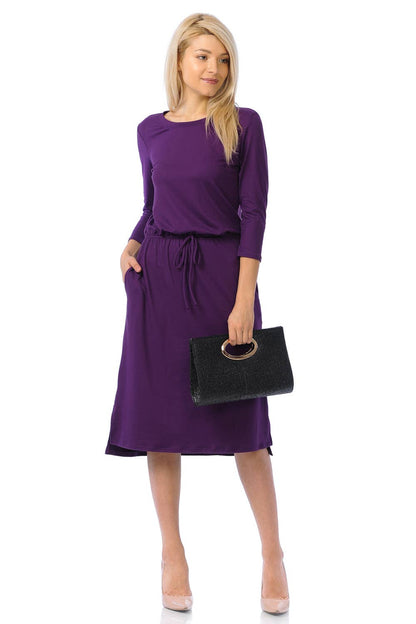 Elastic Waist Midi Dress in Eggplant- Misses (S, L-XL)