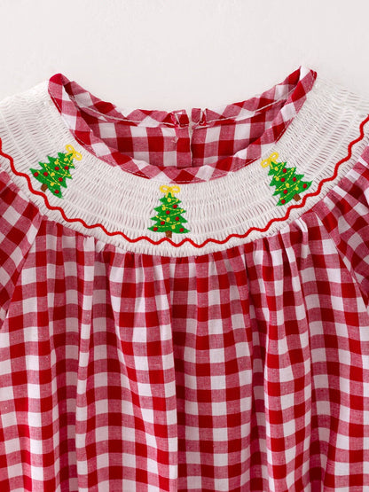 Christmas Tree Smocking Romper in Red- Girls (3M-18M)