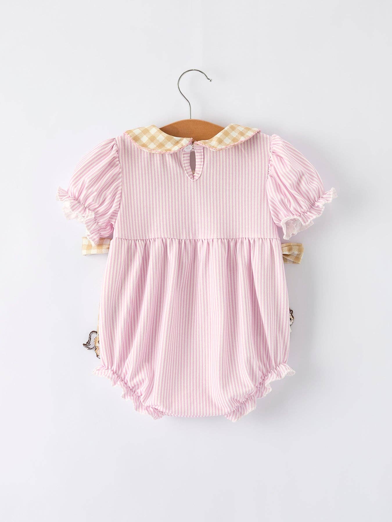 Farm Horse Bow Romper in Pink Stripes- Infant Girls (3M-18M)