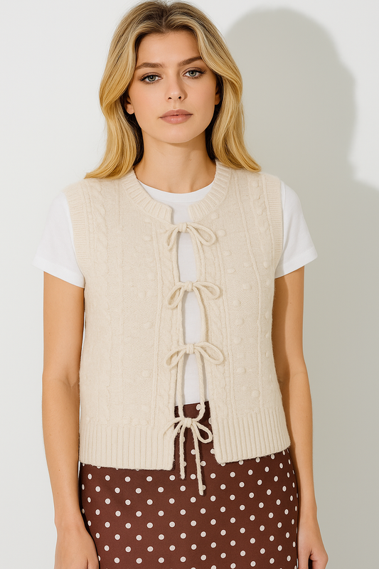 Ribbon Sweater Vest in Oatmeal- Misses and Plus (XS-3X)