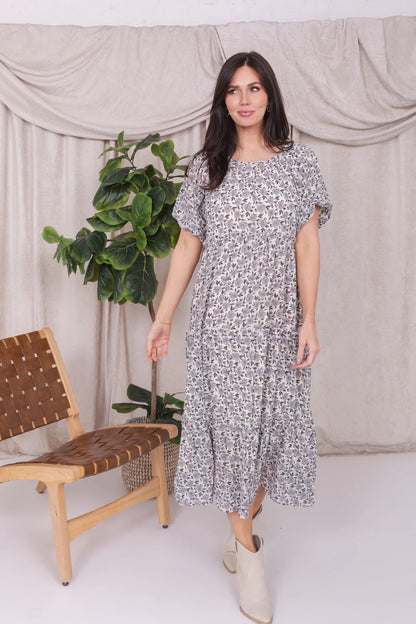 Serena Dress in Silver Peony- Misses and Plus (S-2X)