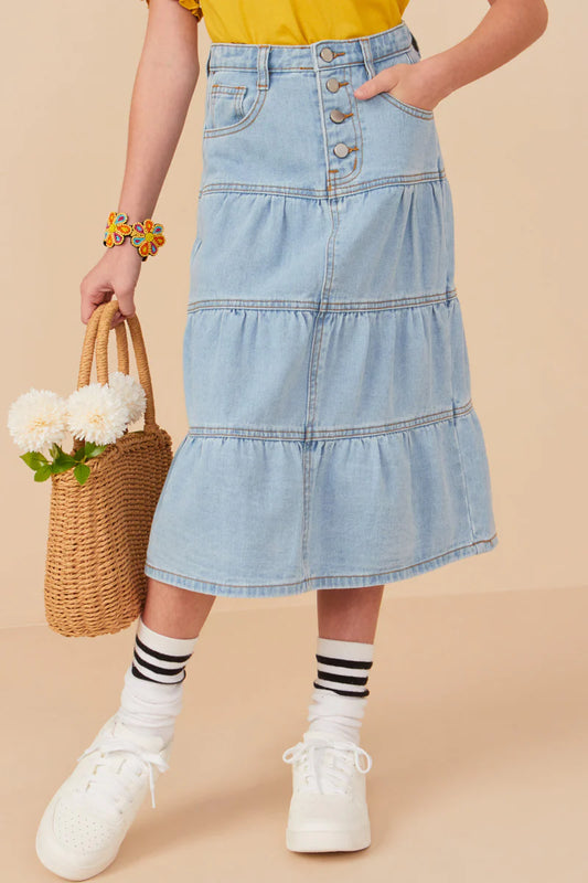 Button Fly Tiered Skirt in Light Denim- Tween (S 7/8 - XL 13/14)
