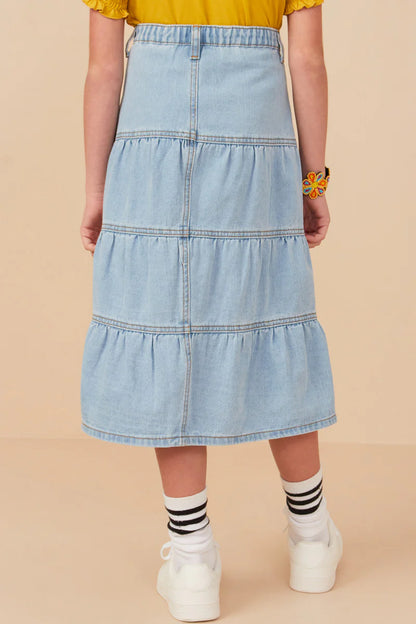 Button Fly Tiered Skirt in Light Denim- Tween (S 7/8 - XL 13/14)
