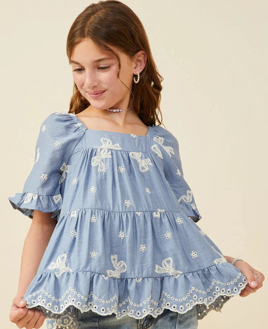 Bowbrook Top in Blue- Tween Girls (S 7/8-XL 13/14)