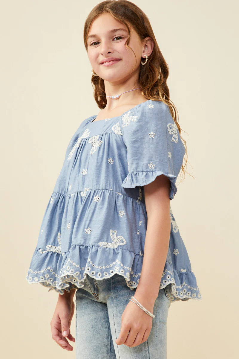 Bowbrook Top in Blue- Tween Girls (S 7/8-XL 13/14)