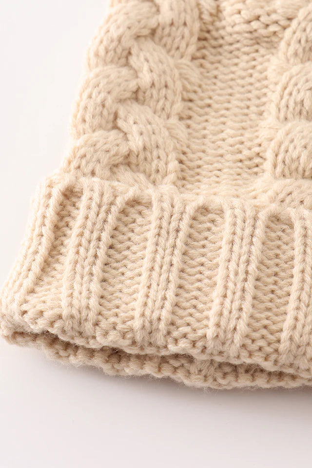 Pompom Cable Beanie in Beige- Accessories (Baby/Kids/Adult)
