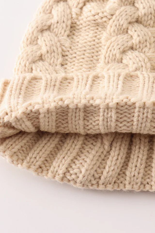 Pompom Cable Beanie in Beige- Accessories (Baby/Kids/Adult)