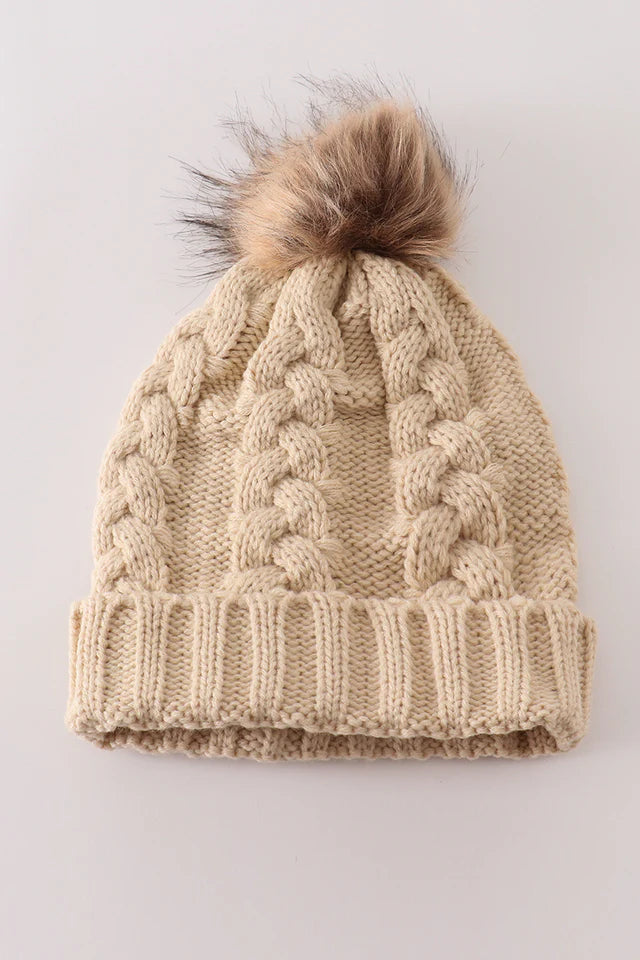 Pompom Cable Beanie in Beige- Accessories (Baby/Kids/Adult)