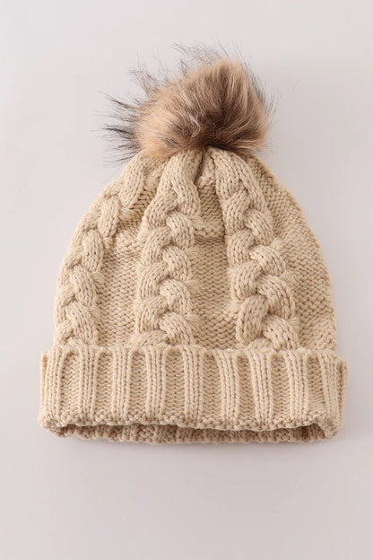 Pompom Cable Beanie in Beige- Accessories (Baby/Kids/Adult)