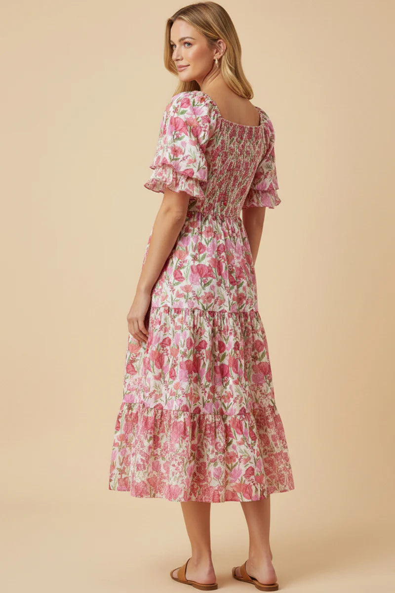 tahlia midi dress Floral Contrast Piped Tulip Sleeve Dress L