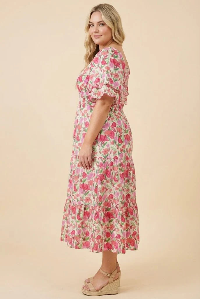 tahlia maxi dress Floral Contrast Piped Tulip Sleeve Dress L