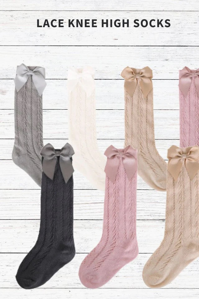 Lace Cable Bow Knee High Socks in Pink and Grey- Girls (S-L)