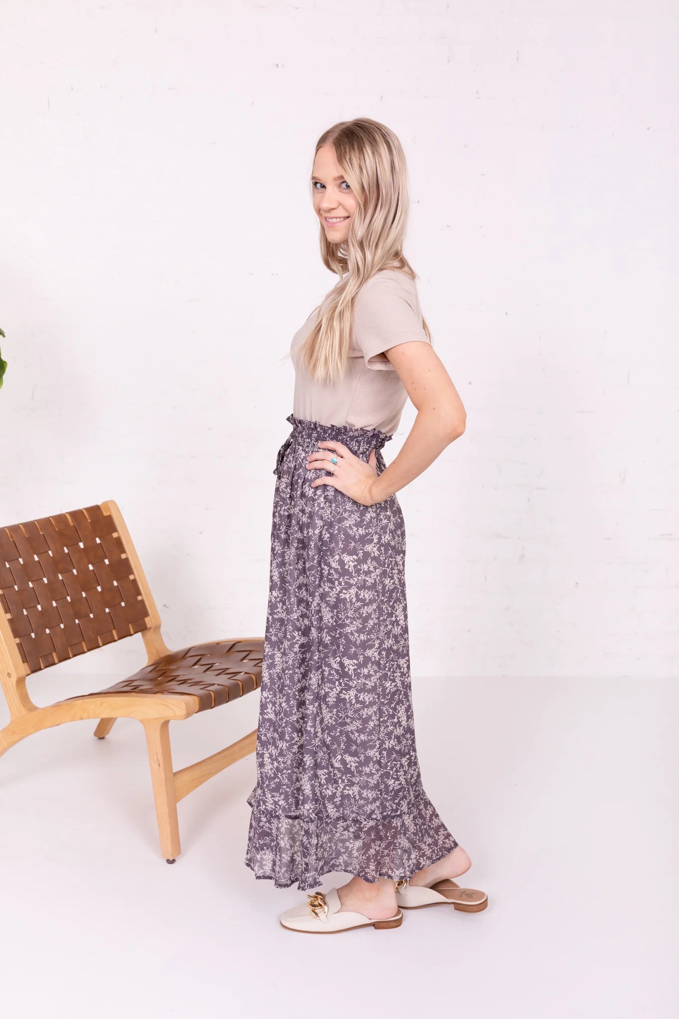 Button Front Skirt in Pewter Branches- Misses & Plus (S-2X)