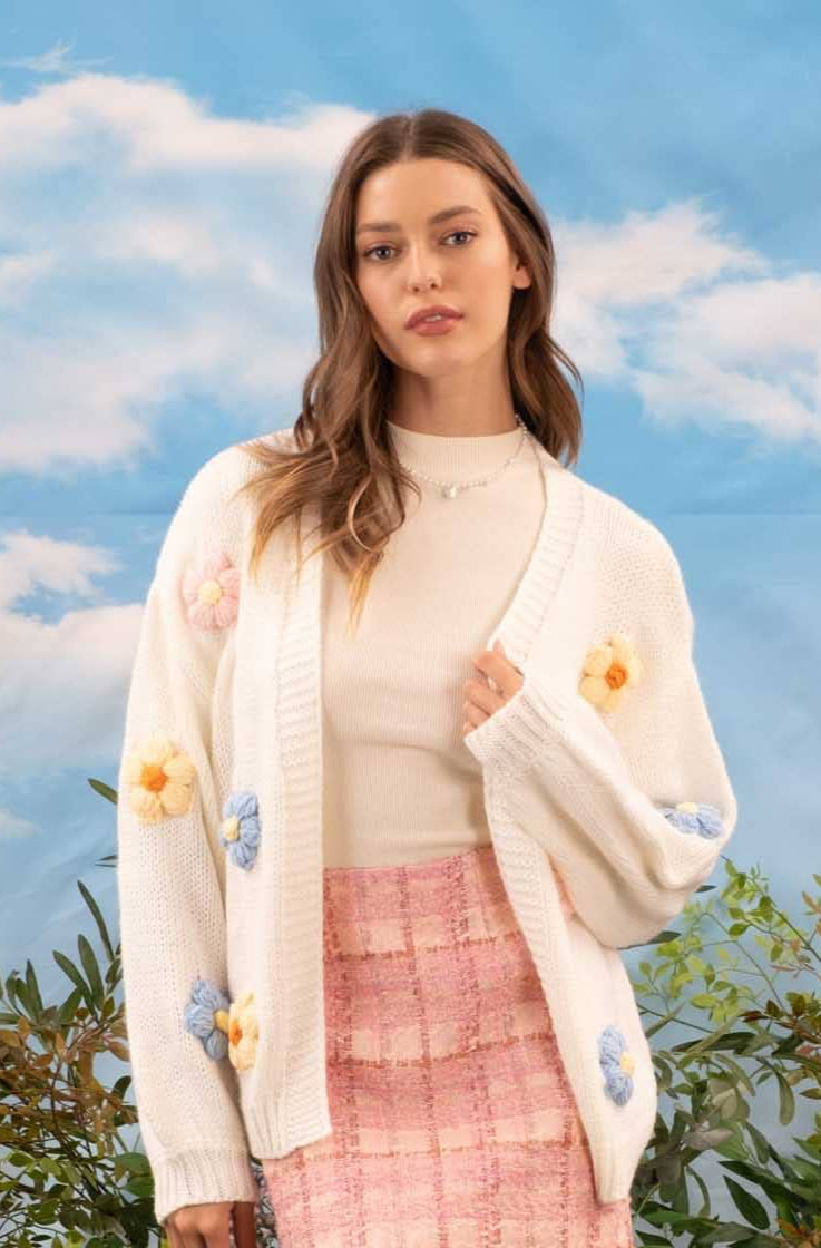 Crochet Flower Cardigan in Ivory- Misses (S-L)