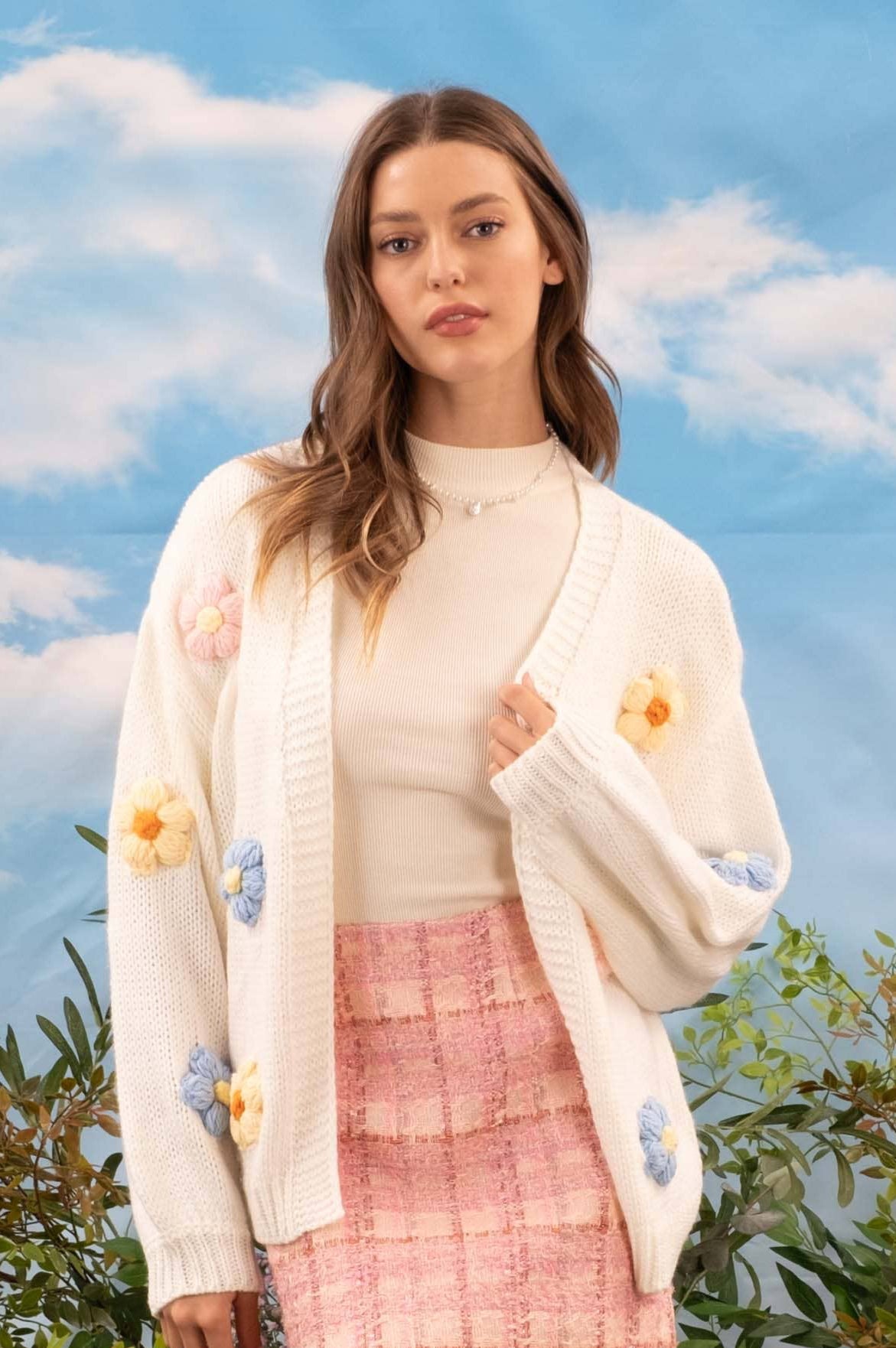 Crochet Flower Cardigan in Ivory- Misses (S-L)