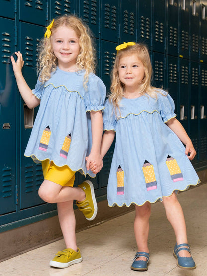 Embroidered Pencils Dress in Blue- Girls/Tween (4-9/10)
