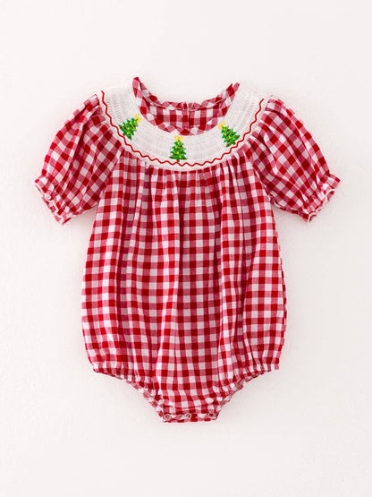 Christmas Tree Smocking Romper in Red- Girls (3M-18M)