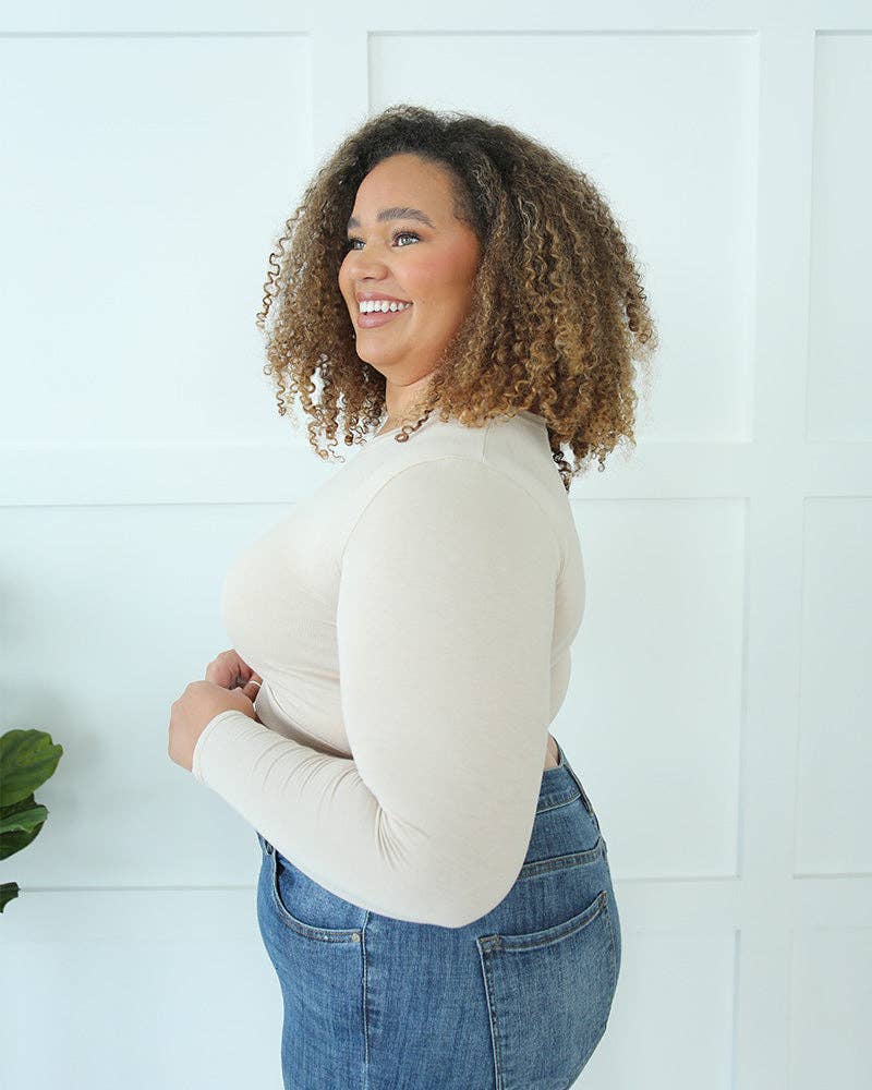 Long Sleeve Halftee in Cream- Misses and Plus (XS,XL-4X)