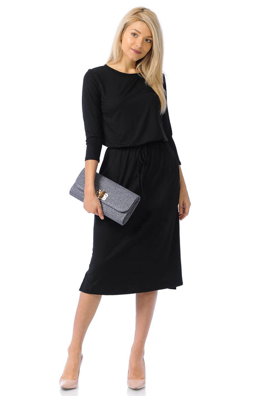 Elastic Waist Midi Dress in Black- Misses (S, L-XL)