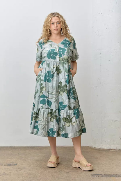 Solea Dress in Sage Multi- Plus (1X-3X)